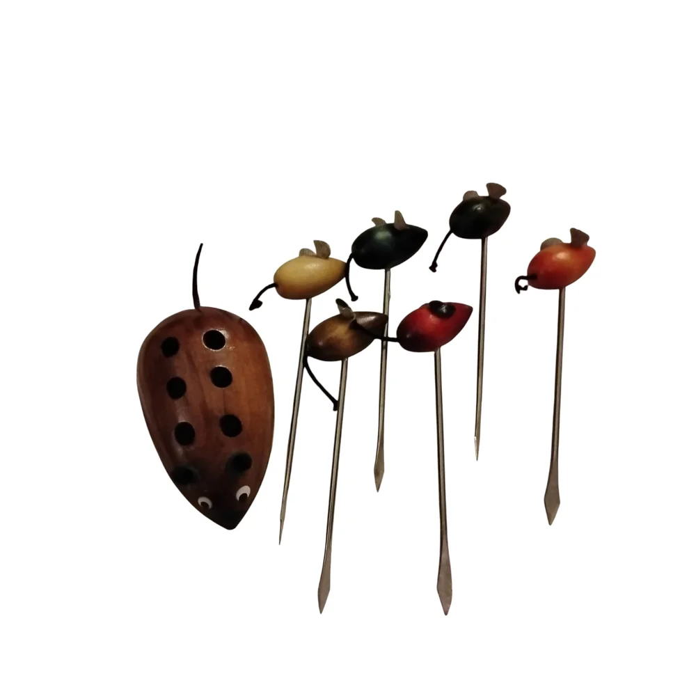 Hors D' Oeuvres Wooden Mouse Fork Pick Set Colorful Novelty Dining Accessory 6pc